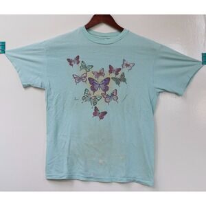 Vintage 80s Single Stitch Hanes Beefy Butterfly Blue T-Shirt Size M **THRASHED**